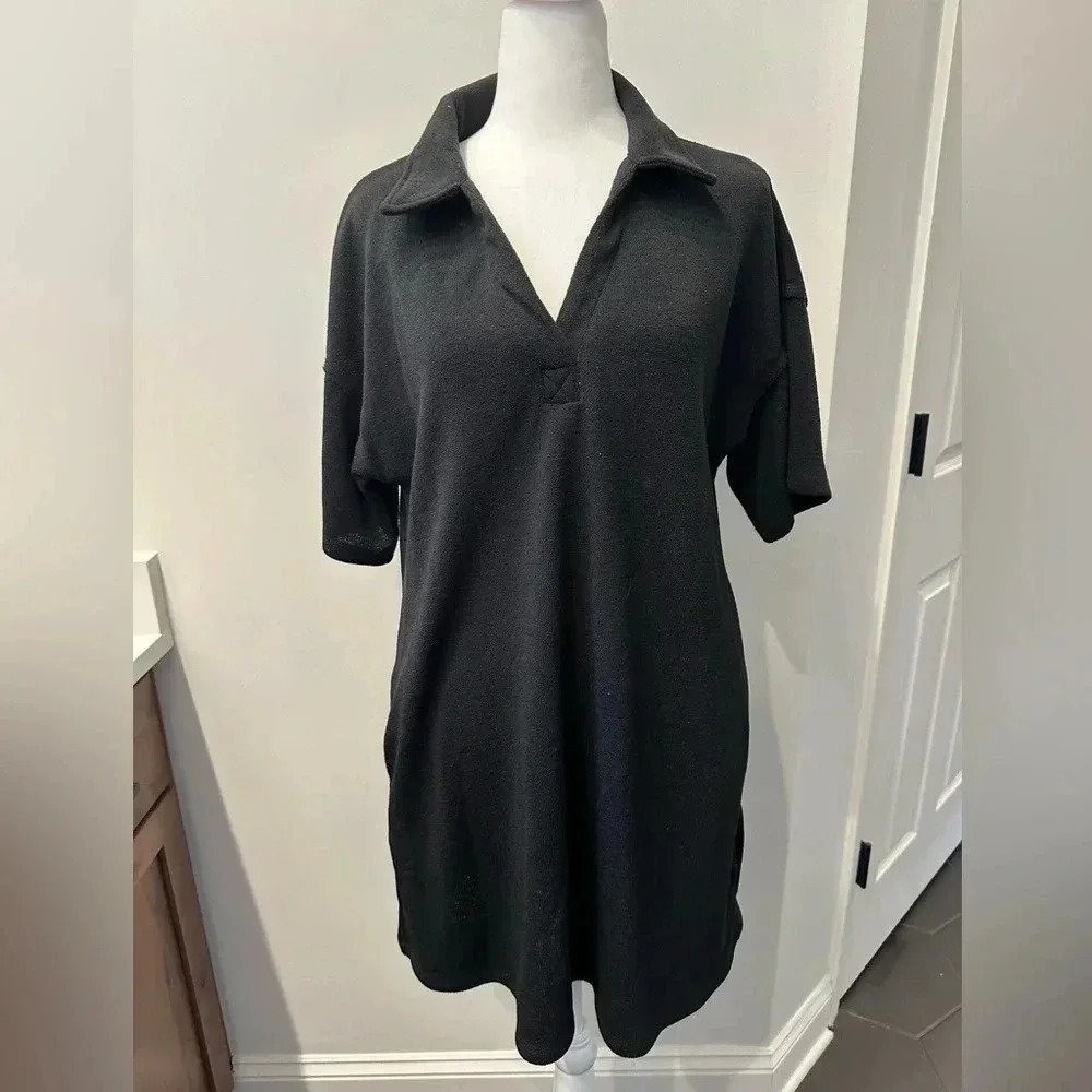 Black Collar Short Sleeve Frayed Edge Shirt Dress Tunic Medium Boutique